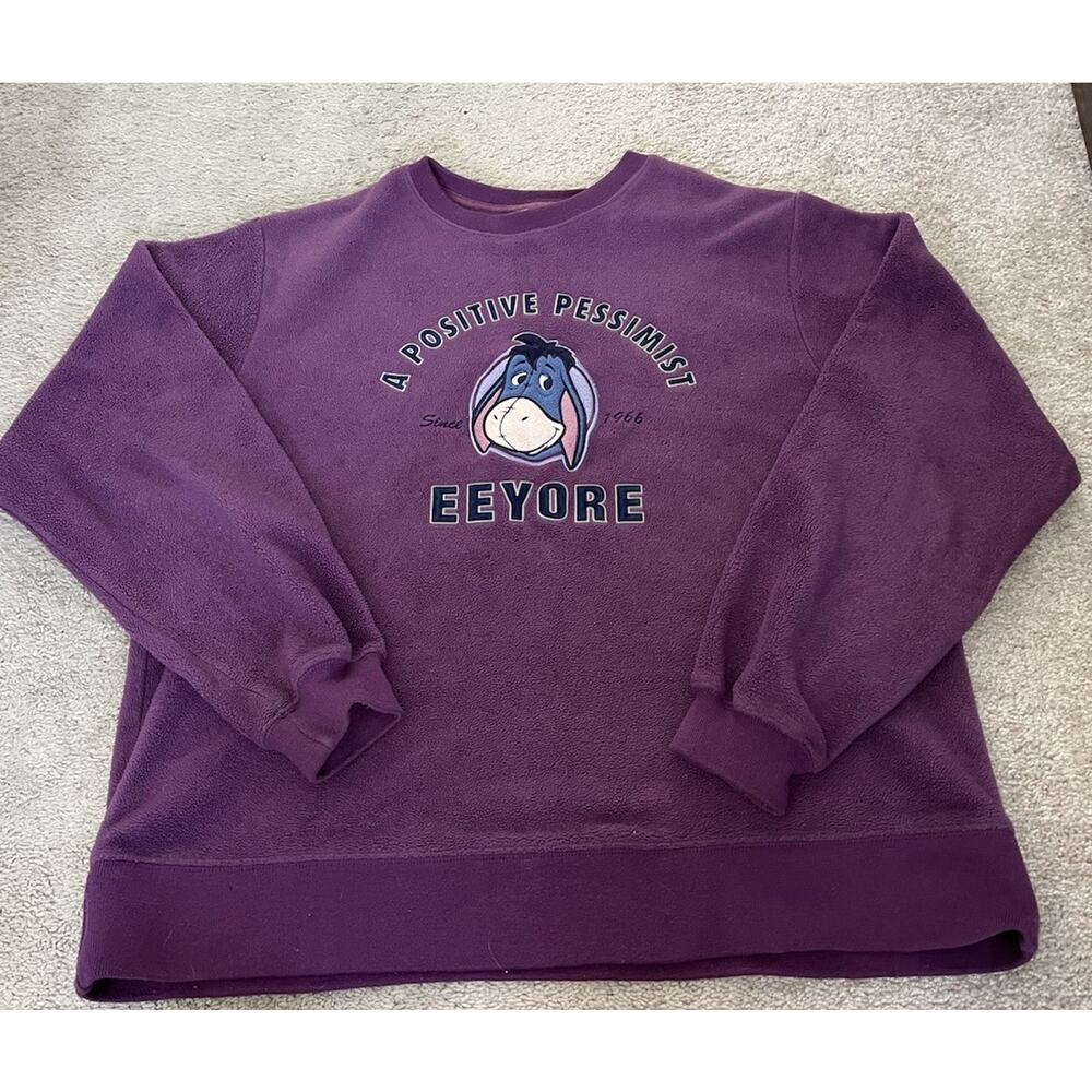 Vintage 90s Disney Store Eeyore A Positive Pessimist Purple Fleece Sweater Sz M